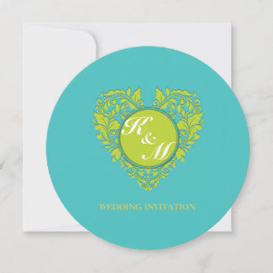 HeartyParty Turquoise and Lime Damask Heart Invitation
