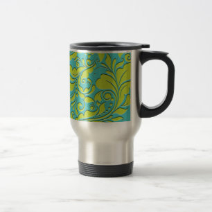 HeartyParty Turquoise and Lime Damask Heart Travel Mug