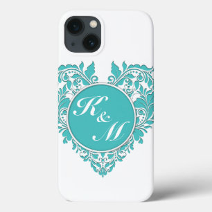 HeartyParty Turquoise blue And White Damask Heart iPhone 13 Case