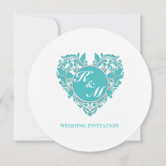 HeartyParty Turquoise blue And White Damask Heart Invitation