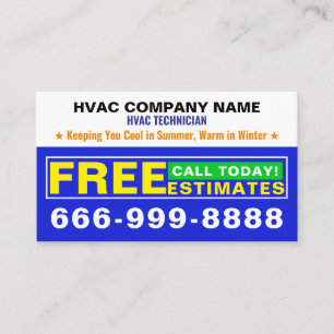 (Heat, Cool, AC Slogan) Free Estimates Blue HVAC Business Card