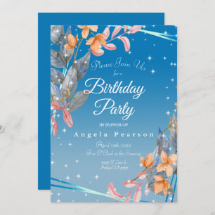 Heather Blue Watercolor Flowers Birthday Party Invitation