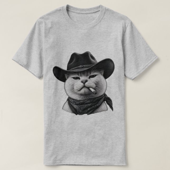 Heather Grey Cowboy Cat T-Shirt (Design Front)