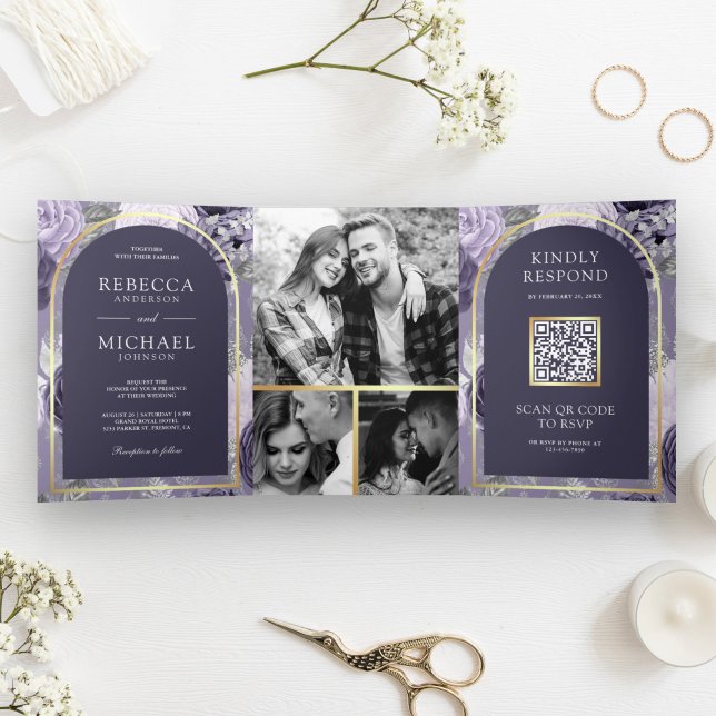 Heather Purple Floral Arch QR Code Wedding Tri-Fold Invitation (Creator Uploaded)