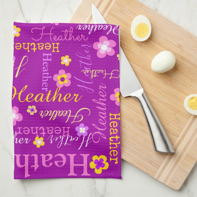 Heather text name purple flower kitchen towel (Quarter Fold)