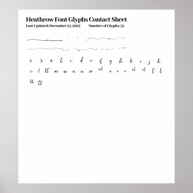 Heathrow Font Glyphs Contact Sheet Poster (Front)