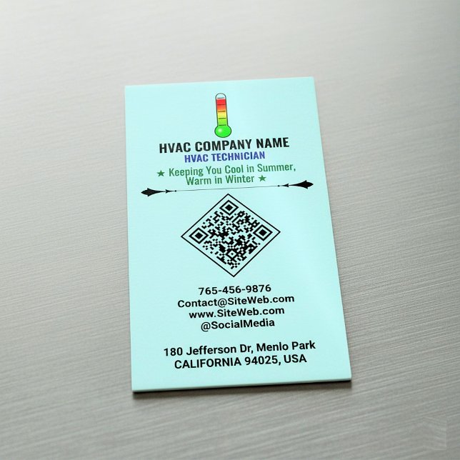 Heating and Cooling (QR Code, Logo & Slogan) HVAC Magnetic Business Card (HVAC chimney sweep branding, plumbing service cards, AC visiting card, air duct cleaning)