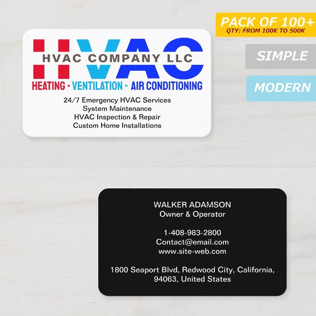 Heating & Ventilation & Air Conditioning - HVAC Business Card (Heating, Cooling, Logo, Modern, Blue, Handyman, Technician, )