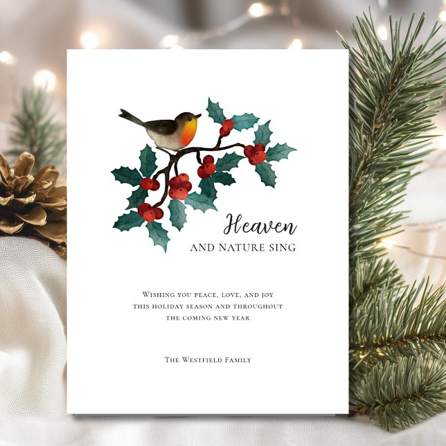 Heaven and Nature Sing Winter Bird Holly Christmas Holiday Card (Heaven and Nature Sing Winter Bird Red Green Holly Christmas Holiday Card)