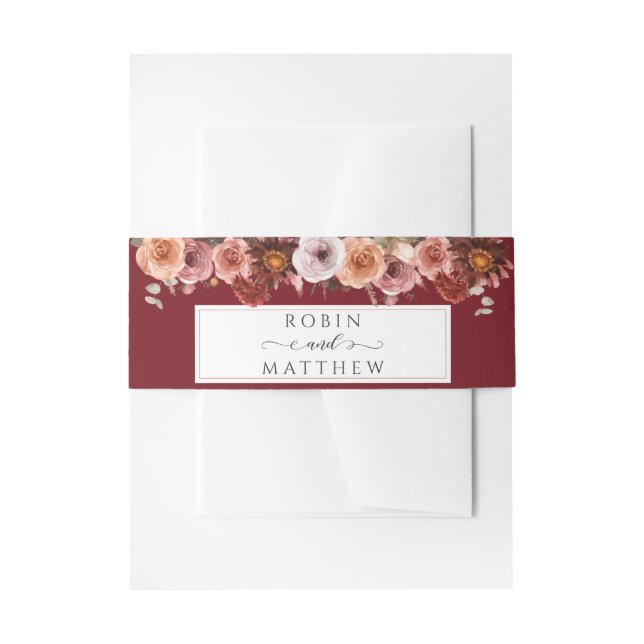 Heaven in Rose, Blush and Burgundy Floral Wedding Invitation Belly Band (Front Example)