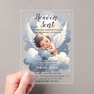 Heaven Sent Angel Baby In Clouds Baby Shower Acrylic Invitations