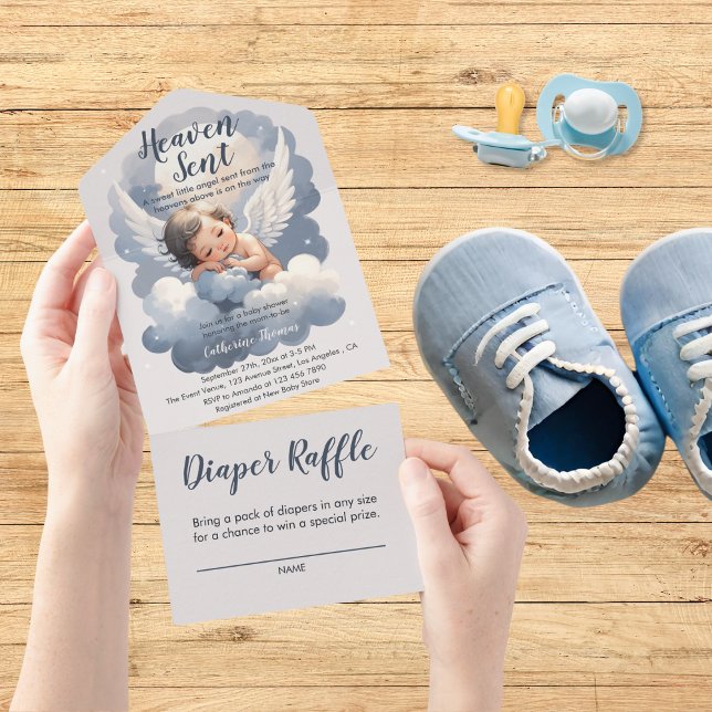 Heaven Sent Angel Baby In Clouds Baby Shower All In One Invitation (Creator Uploaded)