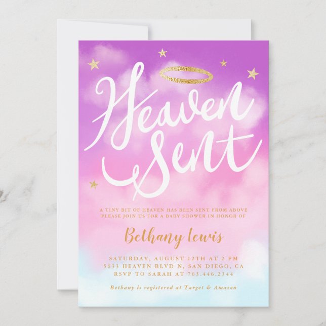 Heaven Sent Angel Gold Halo Baby Shower Pink Invitation (Front)