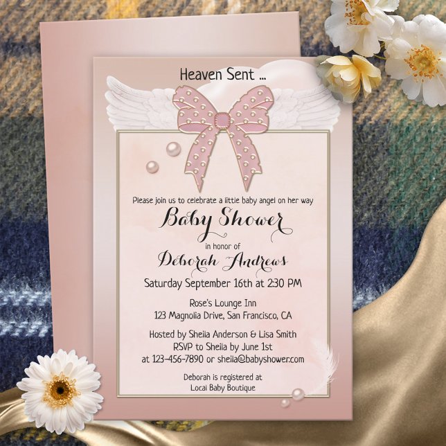 Heaven Sent Angel Wing Girl Baby Shower Invitation (Creator Uploaded)