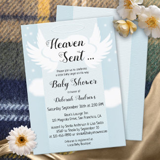 Heaven Sent Angel Wings Boy Baby Shower Invitation