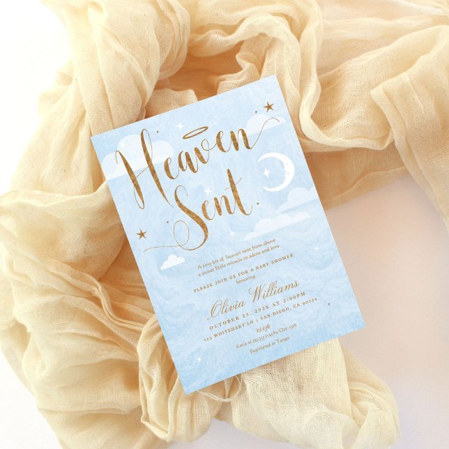 Heaven Sent Baby Shower Blue and Gold  Invitation (Blue and gold Heaven sent baby shower invitation. Shown on dreamy fabric background)