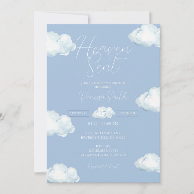 Heaven Sent Baby Shower Blue Cloud Invitation (Front)
