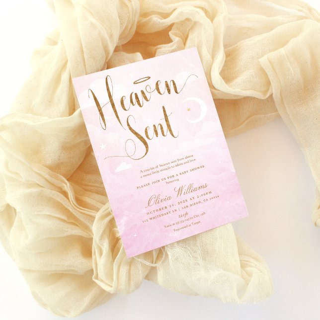 Heaven Sent Baby Shower Pink and Gold  Invitation (Heaven sent baby shower invitation in blush pink and gold)