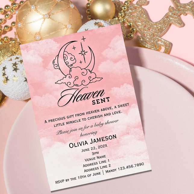 Heaven Sent Baby Shower Pink Moon Stars Invitation (Heaven Sent Pink Girl Baby Shower Invitation)