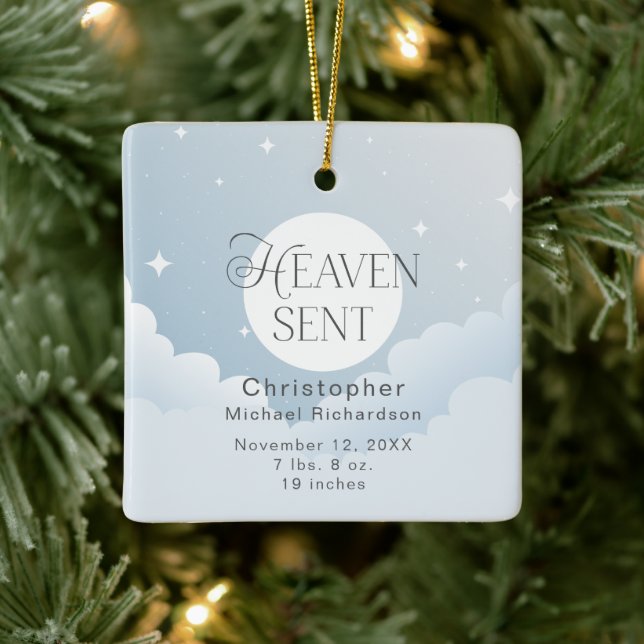 Heaven Sent Birth Stats Baby's 1st Christmas Ceramic Ornament (Tree)