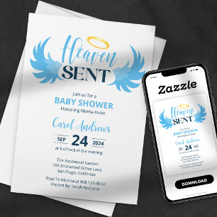 Heaven Sent Blue Angel Wings Baby Shower Invitation
