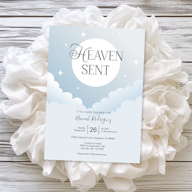 Heaven Sent Blue Clouds Baby Shower Invitation (Shown on a 5" x 7" card)