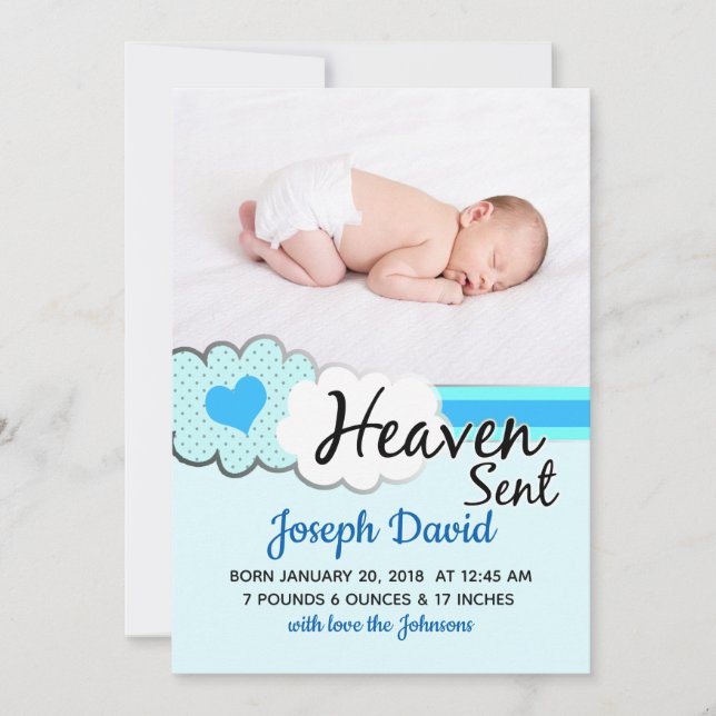 Heaven Sent Blue Clouds Photo Birth Announcement (Front)