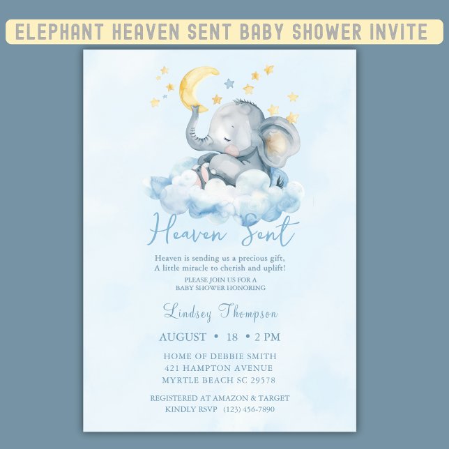 Heaven Sent Blue Elephant Baby Shower Invitation (Creator Uploaded)