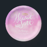 Heaven Sent Christian Theme Baby Shower Pink Paper Plate<br><div class="desc">Sweet Christian or angel theme baby shower paper plate featuring pink and purple sky with whimsical cloud and faux gold stars. The text says "Heaven Sent" in hand written script font. There is a gold halo above the text. Customise this product by adding your own baby shower information.</div>