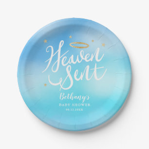 Heaven Sent Christian Theme Blue Baby Shower Paper Plate