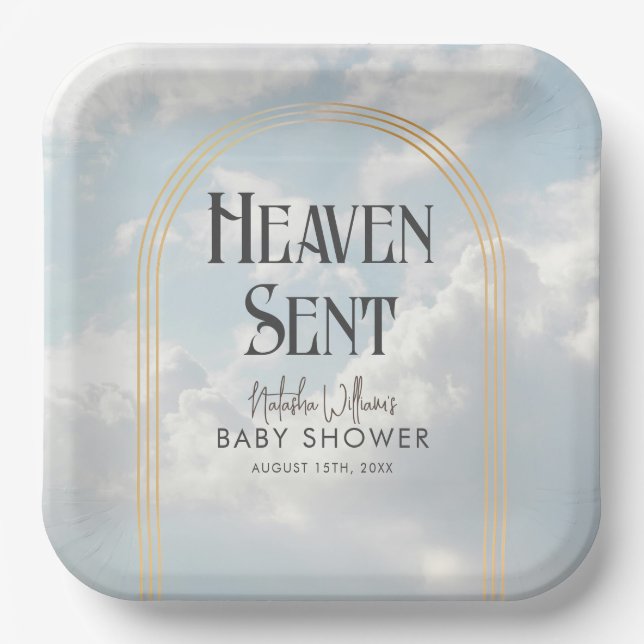 Heaven Sent Clouds Sky Boho Arch Baby Shower Paper Plate (Front)