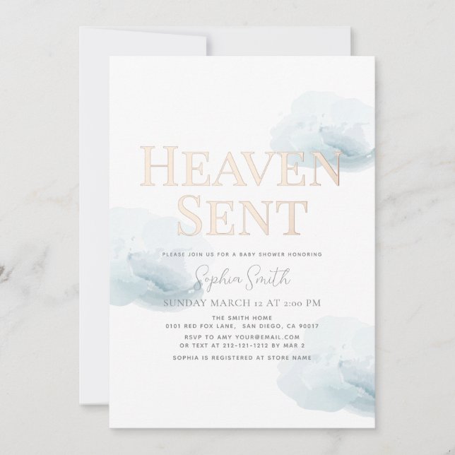 Heaven Sent Gold Boy Blue Cloud Baby Shower Invitation (Front)
