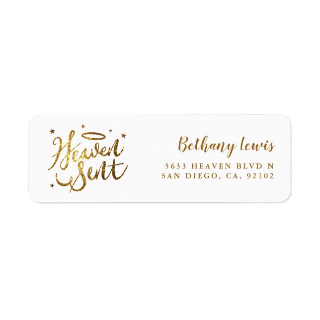 Heaven Sent Gold White Baby Shower Return Address (Front)