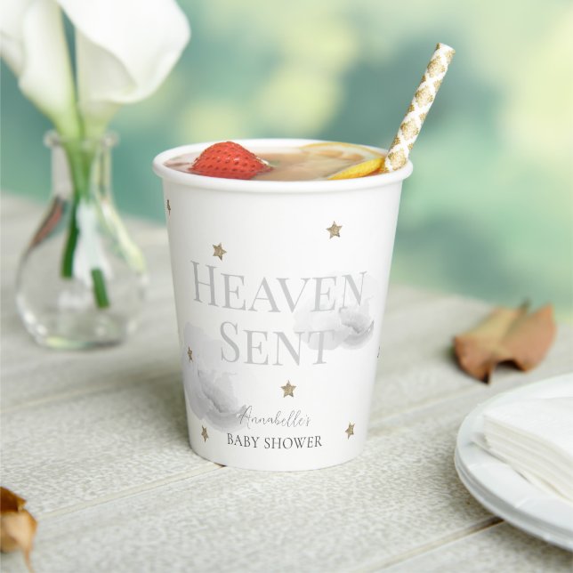 Heaven Sent Grey Cloud Gender-neutral Baby Shower Paper Cups (Insitu)