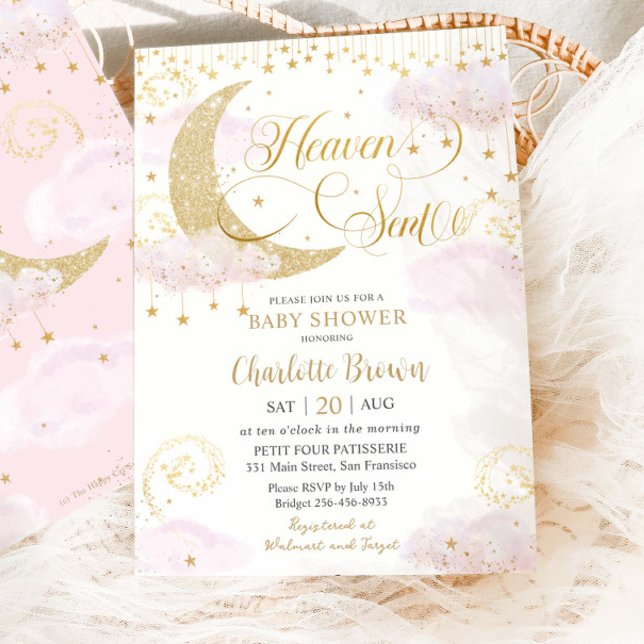 Heaven Sent Moon and Stars Pink Gold Baby Shower Invitation (Creator Uploaded)