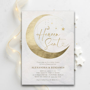 Heaven Sent Moon Gold White Sky Coed Baby Shower Invitation