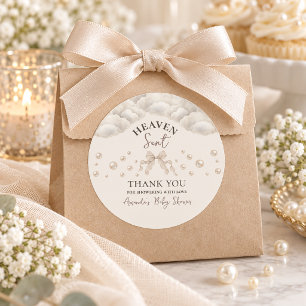 Heaven Sent Neutral Clouds Pearl Bow Baby Shower Classic Round Sticker
