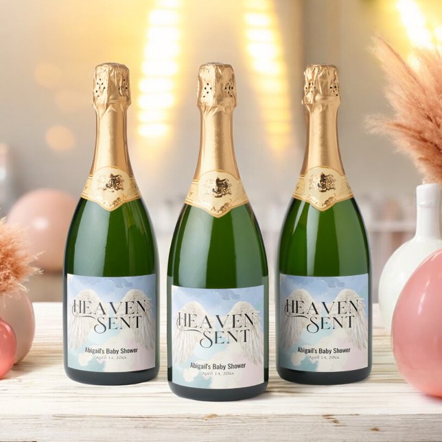 Heaven Sent Pastel Angel Wings Baby Shower  Sparkling Wine Label (Creator Uploaded)