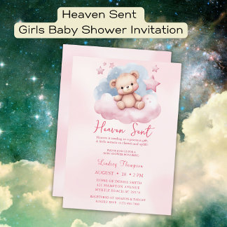 Heaven Sent Pink Bear Baby Shower Invitation