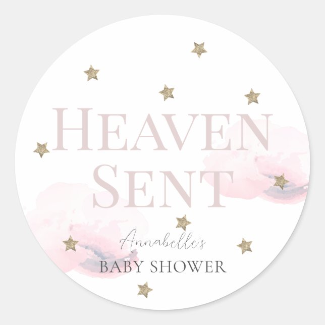 Heaven Sent Pink Cloud Girl Baby Shower Classic Round Sticker (Front)