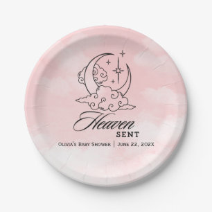  Heaven Sent Pink Moon Stars Baby Shower Paper Plate