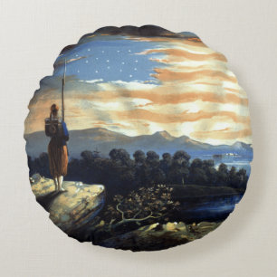 Heavenly American Flag in Sky, Zouave Civil War Round Cushion