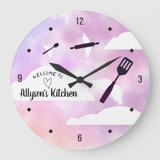 Heavenly angel flying utensils wings kitchen large clock (Front)