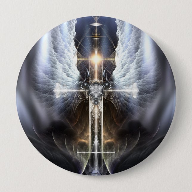 Heavenly Angel Wing Cross Fractal Art Button (Front)