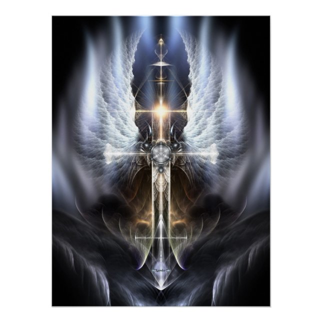 Heavenly Angel Wing Cross Fractal Art Composition Poster (Front)