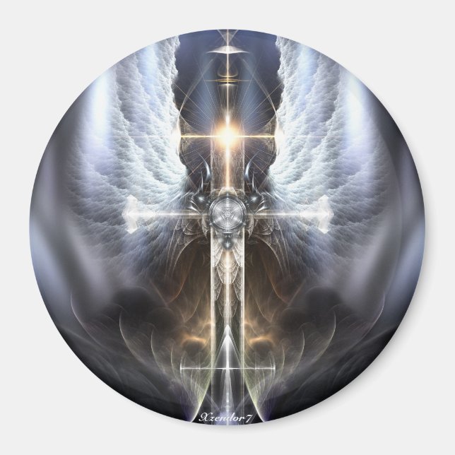 Heavenly Angel Wing Cross Fractal Art Round Magnet (Front)
