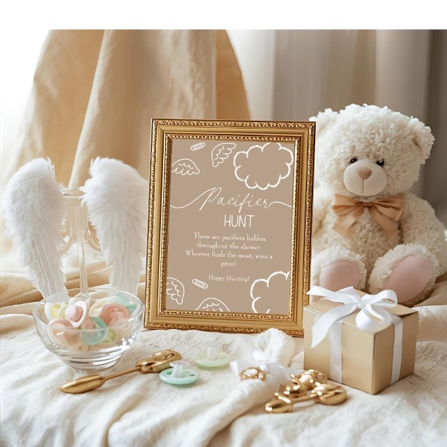 Heavenly baby shower beige Pacifier Hunt game Invitation (Heavenly baby shower beige Pacifier Hunt game)