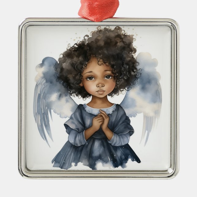 Heavenly Black Angel in Blue Serenity Metal Tree Decoration (Front)