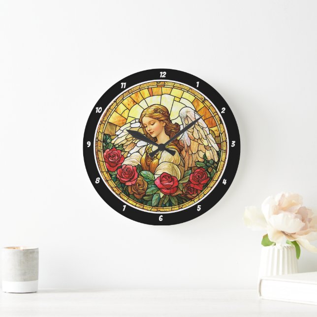 Heavenly Blossom Stained Glass Angel Floral Wall  Large Clock (Home)
