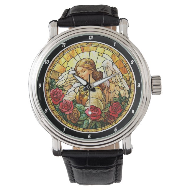 Heavenly Blossom Stained Glass Angel Floral Wall  Watch (Front)